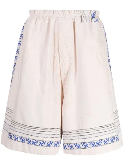 By Walid Floral-embroidered Linen Drop-crotch Shorts In Pink