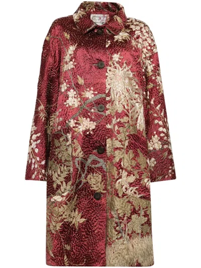 By Walid Floral-embroidered Silk Coat In Red