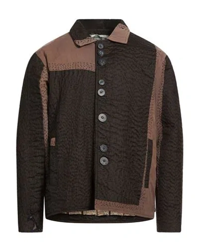 By Walid Man Jacket Dark Brown Size L Cotton, Linen In Multi