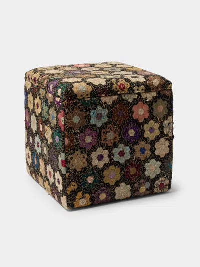 By Walid Oak And Vintage Patchwork Silk Storage Stool