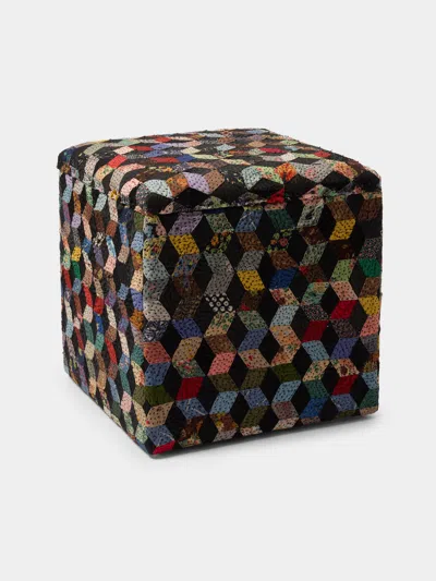 By Walid Oak And Vintage Patchwork Silk Storage Stool