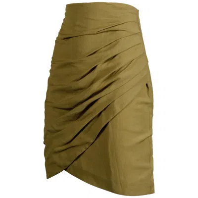 Pre-owned Byblos 1990s  Vintage Olive Green Asymmetric Ruched Stretch Linen Pencil Skirt