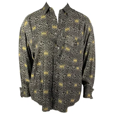 Pre-owned Byblos Size 14 Grey Black Print Spread Collar Shirt In Gray