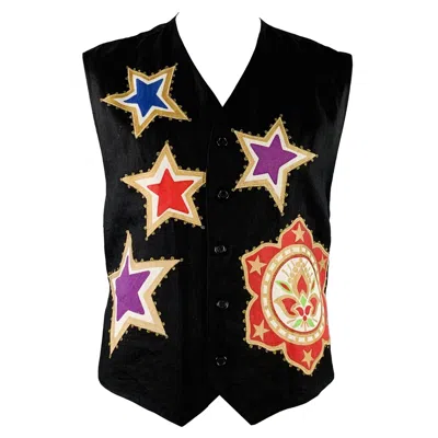 Pre-owned Byblos Size 42 Black Multi Color Stars Linen V-neck Vest