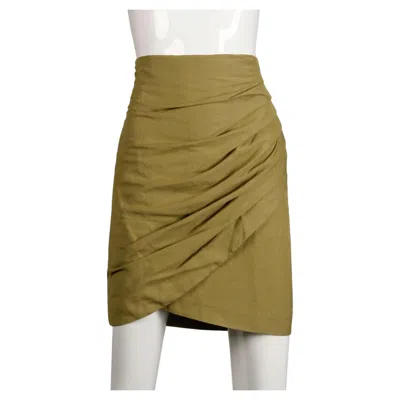 Pre-owned Byblos Y2k  Vintage Olive Green Asymmetric Ruched Stretch Linen Pencil Skirt