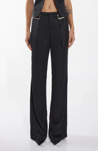 By.dyln Rosie Buckled Waist Satin Straight Leg Pants In Black