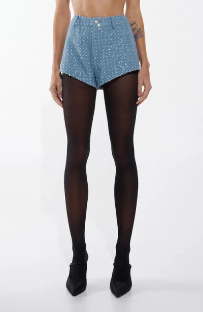 By.dyln Sequin Embellished Distressed Denim Shorts In Blue