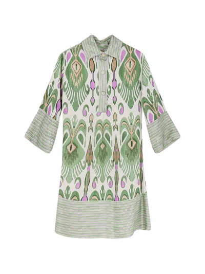 Bye Firenze Ikat-print Button-down Mini Dress In Green