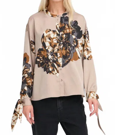B.young Jannike Button Up Bow Blouse In String Mega Flower / Nature In Neutral