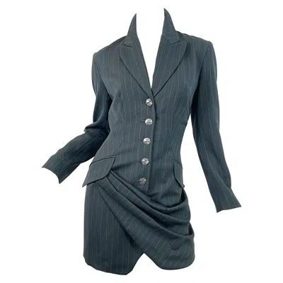 Pre-owned Byron Lars 1990s  Size 4 / 6 Dark Green Pin Striped Avant Garde Vintage 90s Dress