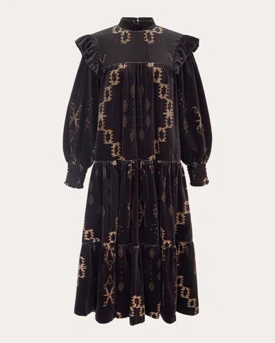 Byroo Women's Tilly Tiered Printed Velvet Midi Dress In Black