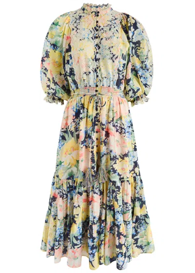 Bytimo Floral-print Embroidered Cotton-blend Midi Dress In Multicoloured