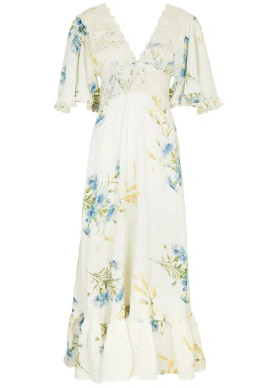 Bytimo Floral-print Linen-blend Maxi Dress In White And Blue