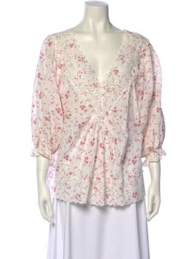 Pre-owned Bytimo Floral Print V-neck Blouse In White