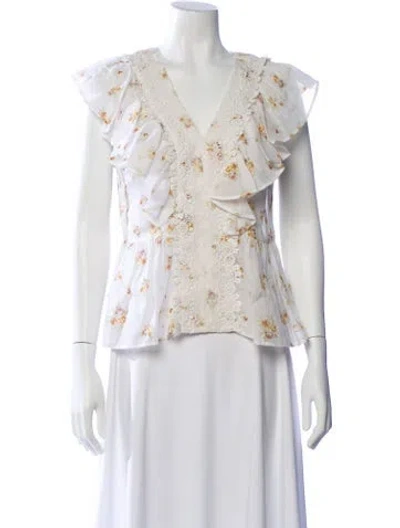 Pre-owned Bytimo Floral Print V-neck Blouse In White