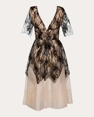 Byvarga Women's Lea Short Sleeve Silk Organza Lace Corset Midi Dress In Black