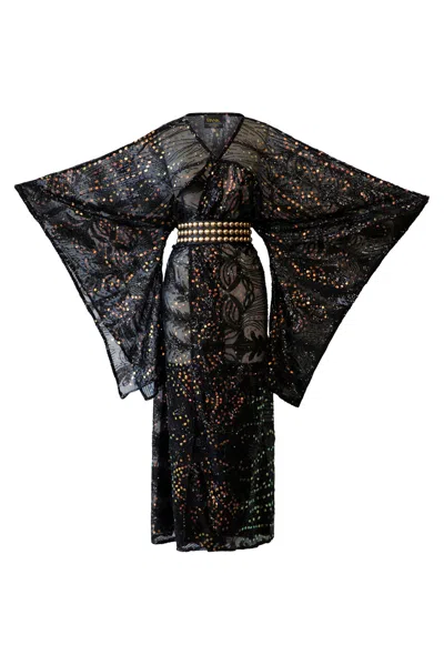 Byvinnik Women's Black Bohémienne Kimono Robe In Sequin Stardust Noir Runway Edition