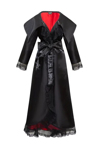 Byvinnik Women's Black / Red Tokyo Opera Coat Dress In Liquid Satin With Oversized Collar And Lace Sleeves