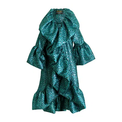 Byvinnik Women's Blue Ruffle Collar Jacquard Manhattan Opera Coat - Il Gattopardo Turquoise