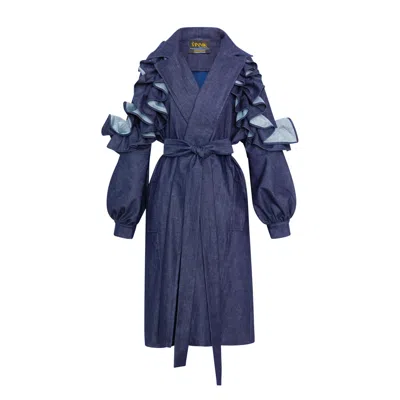 Byvinnik Women's Blue Ruffle Trench Coat In Denim Dreams