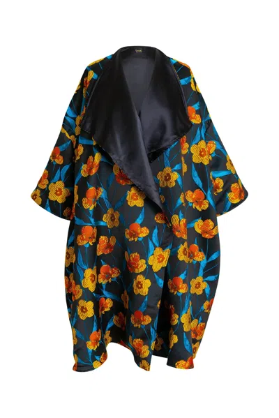 Byvinnik Women's Blue / Yellow / Orange Oversized Satin Reversible Opera Coat In Zaza In Black