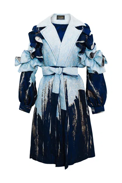 Byvinnik Women's Gold / Blue / White Ruffle Trench Coat In Inchiostro - Blue