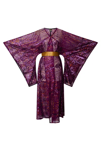 Byvinnik Women's Gold / Purple Bohémienne Sequin Kimono Robe Stardust Aubergine Runway Edition