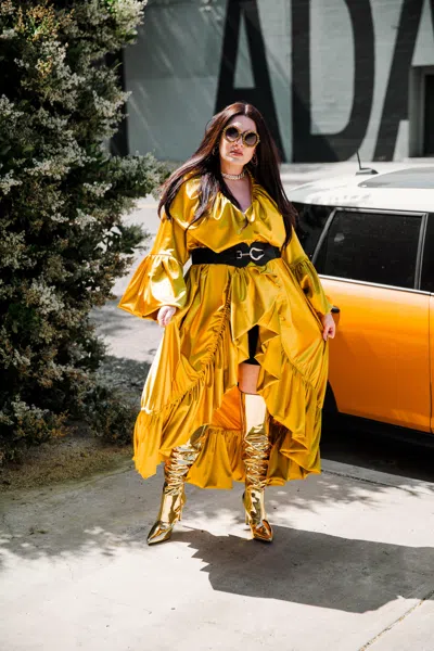 Byvinnik Women's Gold / Yellow / Orange Manhattan Opera Coat In Marigold Magic Satin