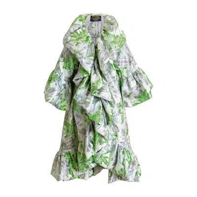 Byvinnik Women's Green / White / Silver Ruffle Collar Jacquard Manhattan Opera Coat- Otello In Green/white/silver