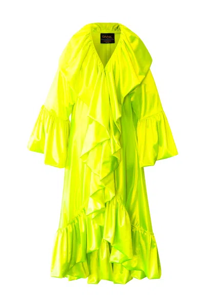 Byvinnik Women's Green / Yellow / Orange Long Neon Yellow Ruffle Manhattan Opera Coat In Highlighter Magic Sa