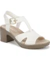 Bzees Premium Women's Everly Washable Block Heel Strappy Sandals In White Stretch Denim Fabric