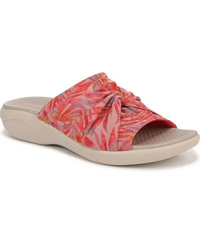 Bzees Women's Cherish Washable Peep Toe Slide Sandals In Coral Multi Island Palm Fabric