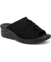 Bzees Lifestride Smile 3 Open Toe Wedge Slide Sandal In Black Stretch Fabric