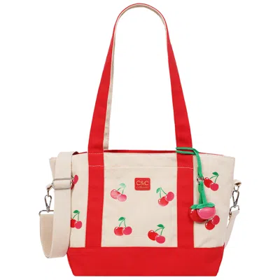 C&c California Cherry Print Cotton Canvas Tote With Contrast Trim & Pu Charm In Red