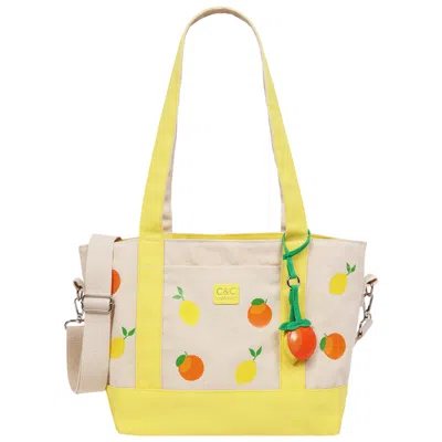C&c California Citrus Fruit Print Cotton Canvas Tote With Contrast Trim & Pu Charm In Yellow
