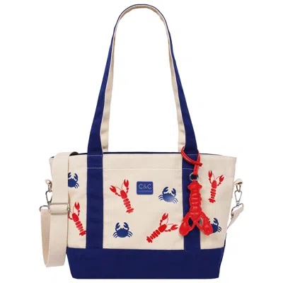 C&c California Lobster & Crab Print Cotton Canvas Tote With Contrast Trim & Pu Charm In Blue