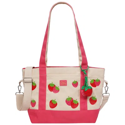 C&c California Strawberry Print Cotton Canvas Tote With Removable Crossbody Strap In Pink