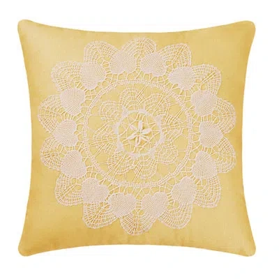 C & F Home 16" X 16" Linen Yellow Traditional Linen Applique Lace Accent Throw Pillow