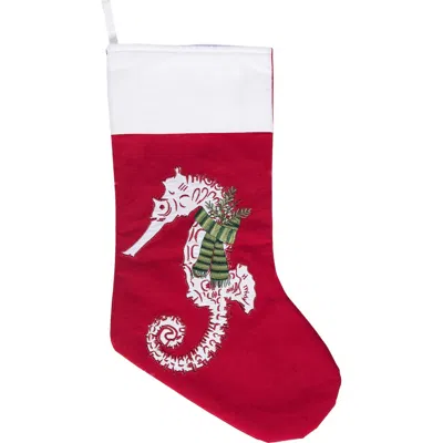 C & F Home C&f Home 8.5" X 20" Holiday Seahorse With Pine Needle Green Scarf Christmas Stocking In Red