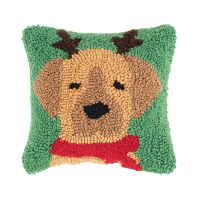 C & F Home C&f Home Christmas Puppy Dog Reindeer Antlers Petite Hooked Accent Pillow, 8" X 8" In Green