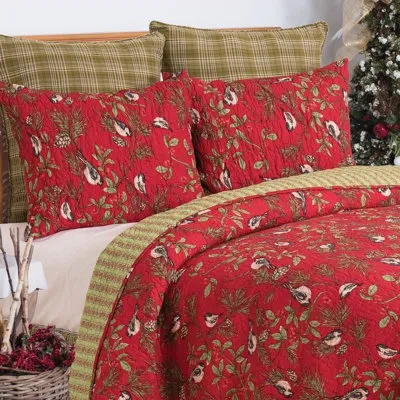 C & F Home Chickadee Red Cotton Reversible Quilt Set