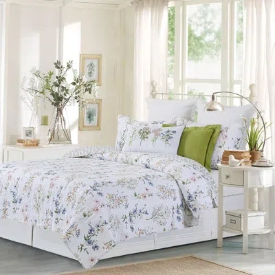 C & F Home Cynthia White/green Cotton Reversible Quilt Set In White,green
