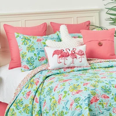 C & F Home Flamingo Garden Cotton Reversible Quilt Set In Blue;pink