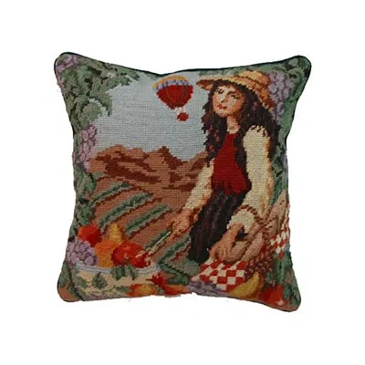 C & F Home French Harvest Girl Needlepoint Pillow In Blue;brown;green