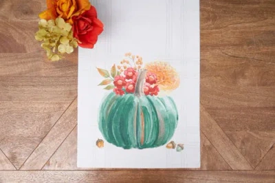 C & F Home C&f Home Harvest Teal Pumpkin Floral Flower Leaves Cloth Table Runner 14" X 72" In White