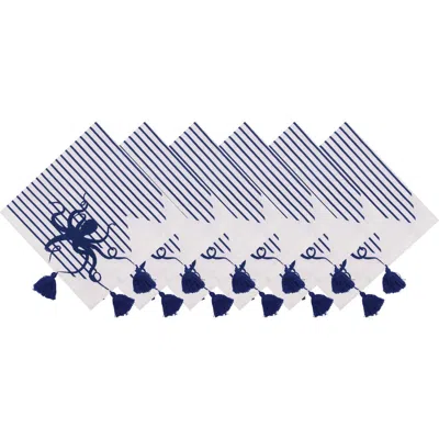 C & F Home C&f Home Indigo Octopus Stripes And Tassels Machine Washable Napkins Set Of 6 In Blue