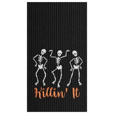 C & F Home C&f Home Killin' It Skeleton Halloween Embroidered Waffle Weave Cotton Kitchen Towel In Black