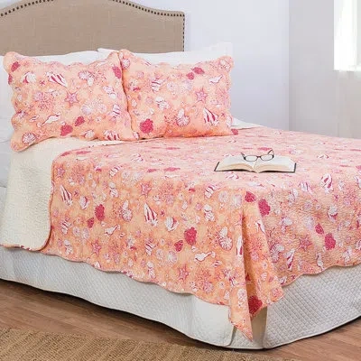 C & F Home Lagoon Peach Cotton Reversible Quilt Set In Pink