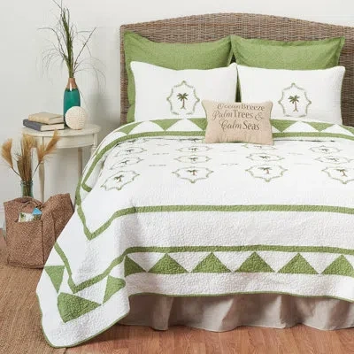 C & F Home Martinique Embroidered Tropical Palm Tree Cotton Lightweight Coastal Beach Quilt In White;green