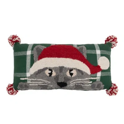 C & F Home Santa Cat Mini Hooked Throw Pillow 16" X 8" In Green